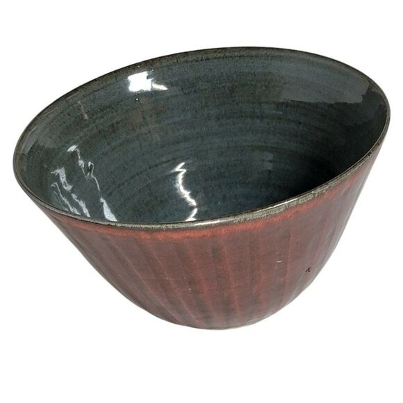 Vintage MCM Louis Mideke Studio Art Pottery Blue Gray Glaze Brown Serving Bowl - Picture 1 of 7
